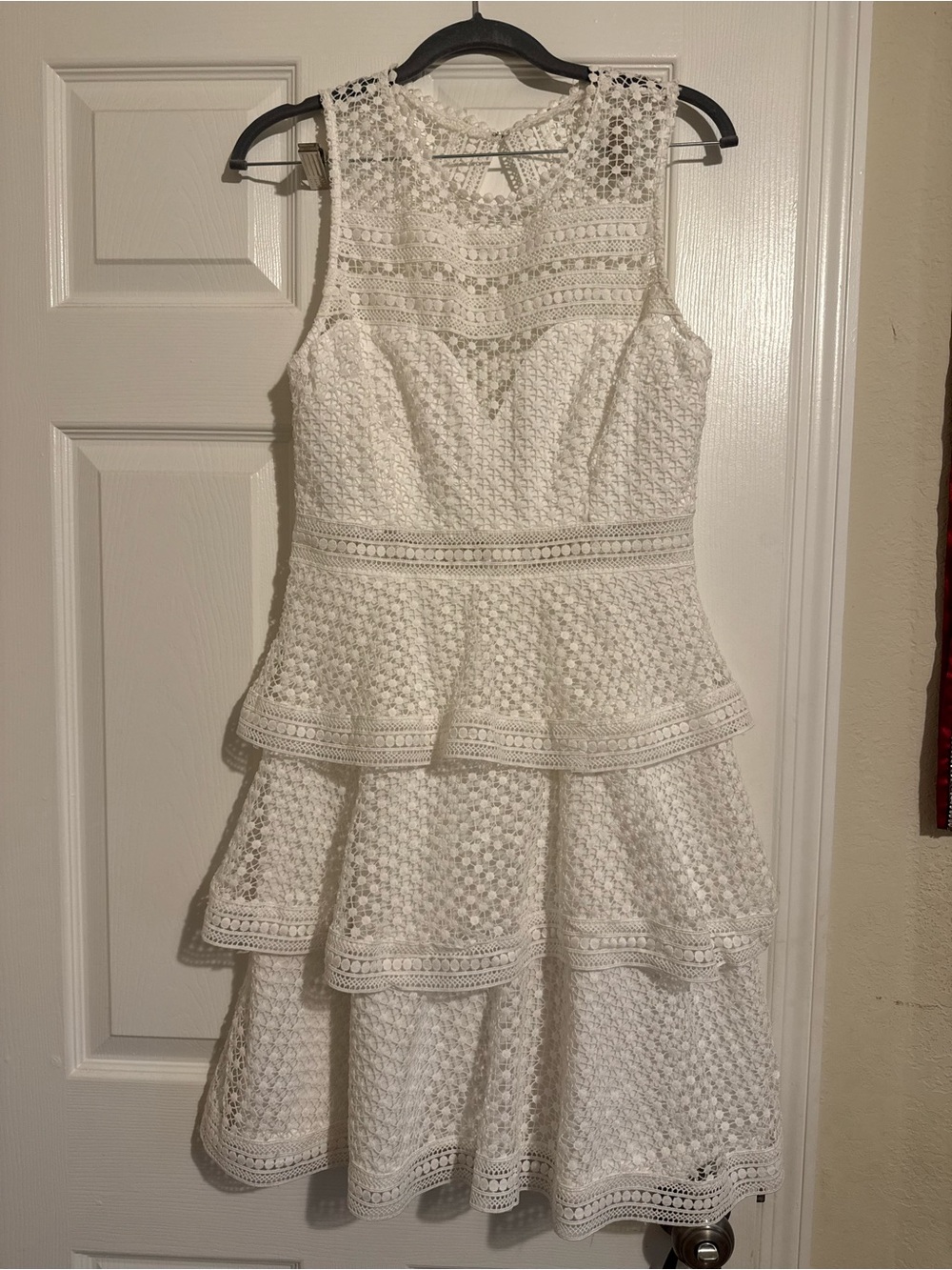 White Crochet Tiered Mini Dress - Sleeveless Lace Peplum Style